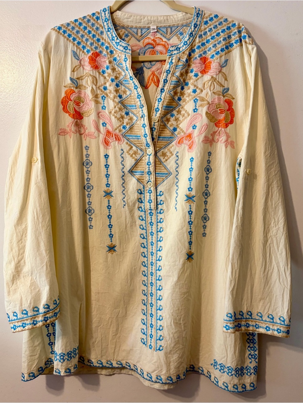 4/$25 Embroidered Boho Tunic Top - Cream with Blue & Coral Floral Details - Picture 2 of 10